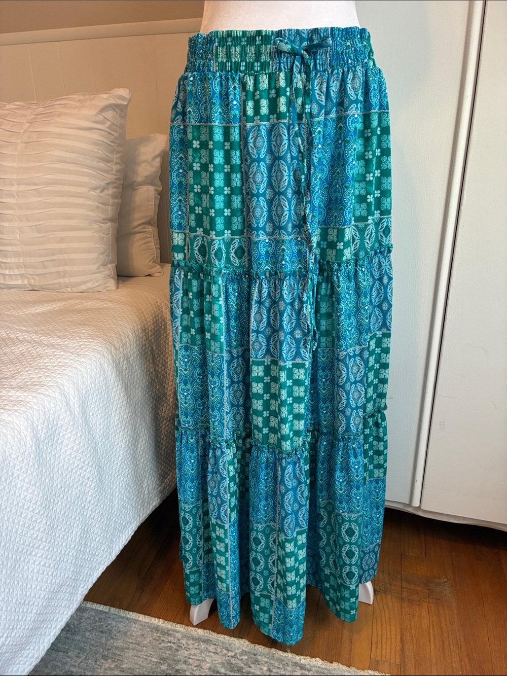 Blue-Green Patchwork Maxi Skirt - Women's Flowing Tiered Skirt, Like New. Lg